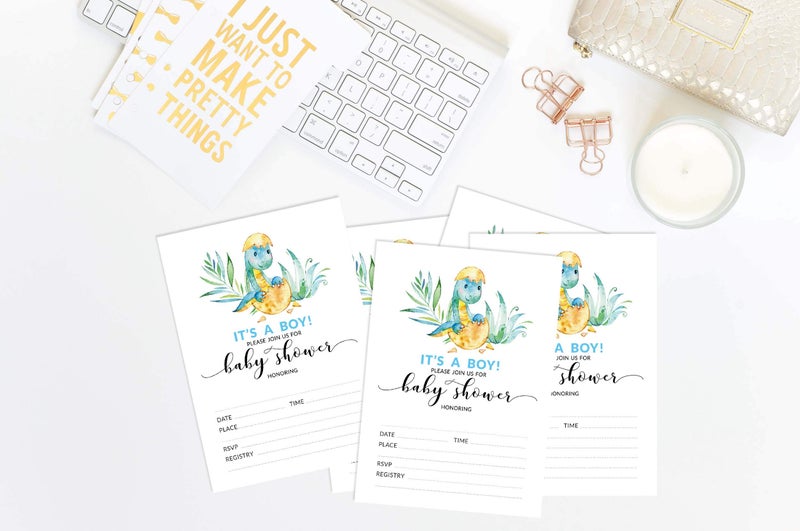 Inkdotpot 30 Fill in Style Baby Shower Invitation Cards Dinosaur Gender Reveal Blank Invites - Image 3